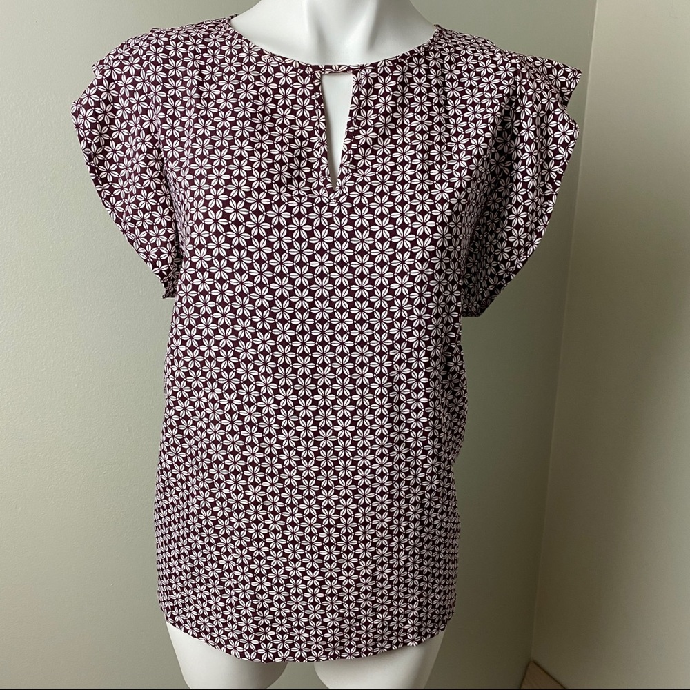 Ann Taylor Floral Flutter Sleeve Cutout Blouse
